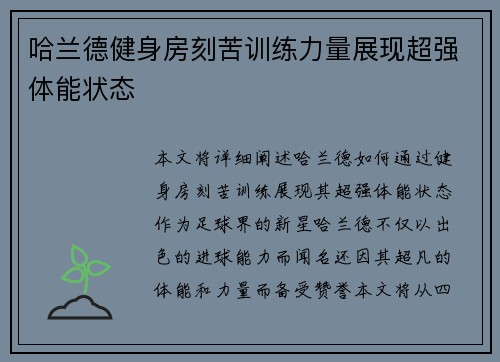 哈兰德健身房刻苦训练力量展现超强体能状态
